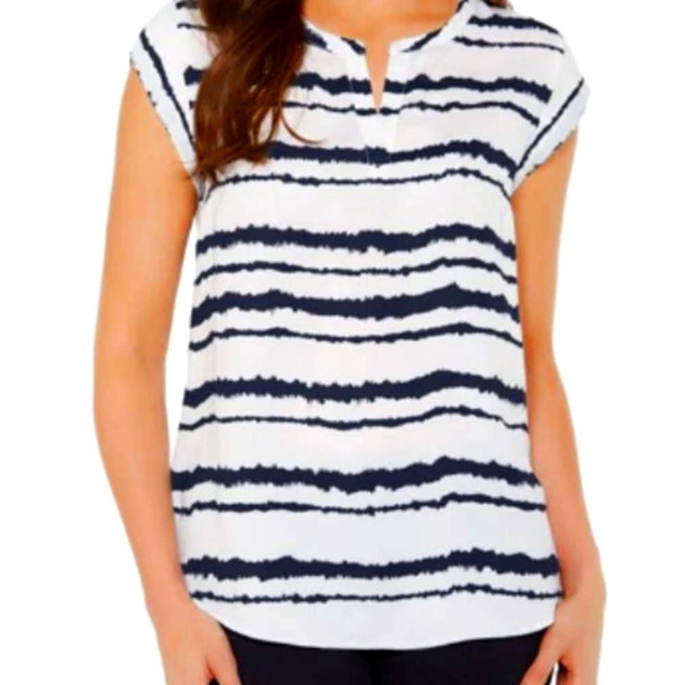 Hilary Radley Women's Lightweight Short Sleeve Blouse Top Shirt, XXL Navy stripe